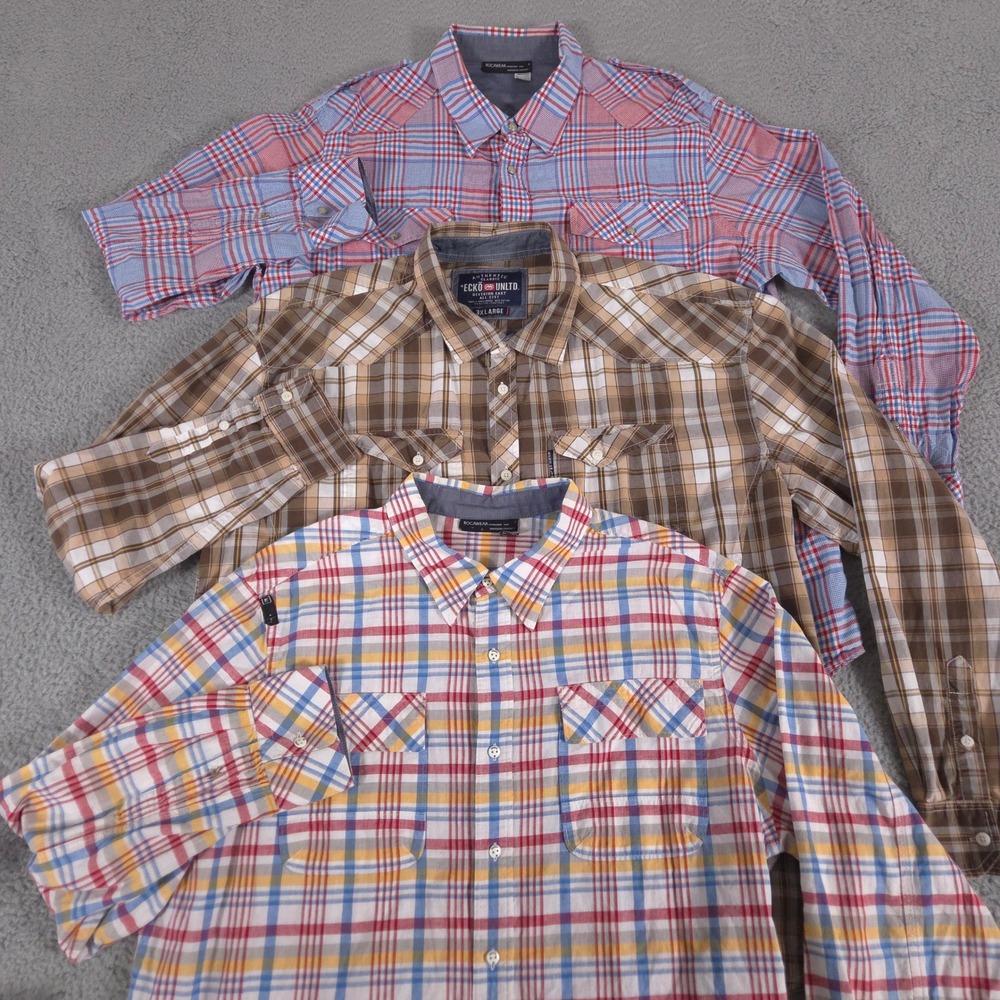 LOT OF 3 Rocawear x Ecko Unltd Shirt‎ Mens 3XL Multi Plaid Cotton Button Down